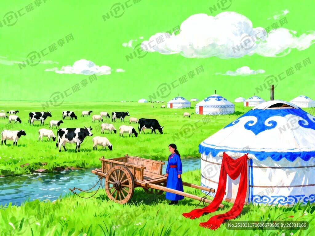 純綠色底   云朵  牛羊  