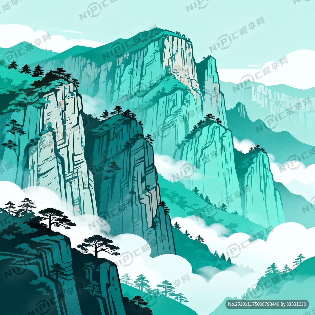 太行山上背景的青綠山水插畫