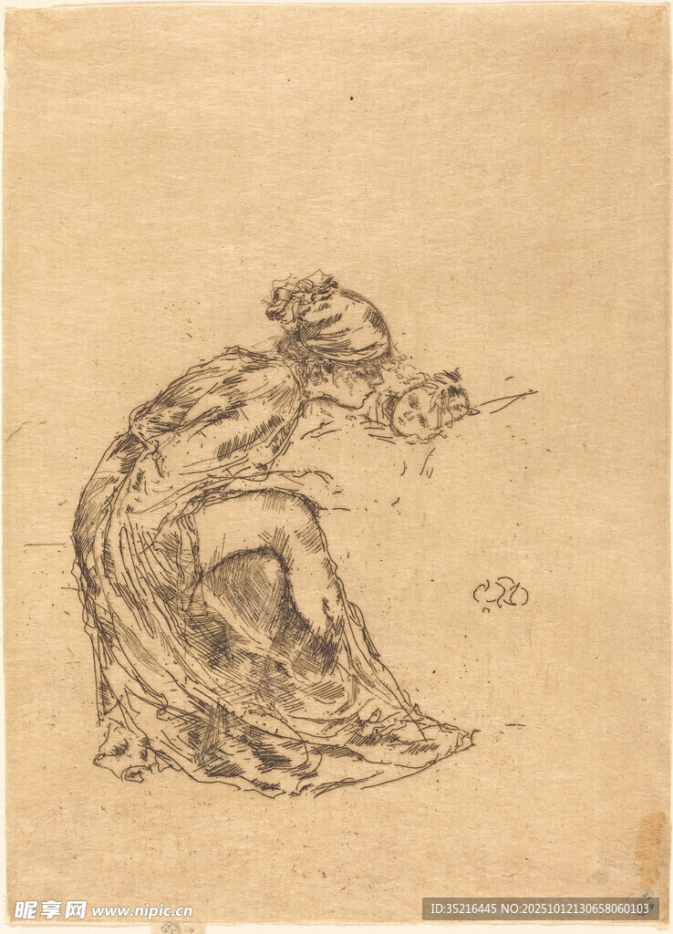 女子蜷坐素描圖