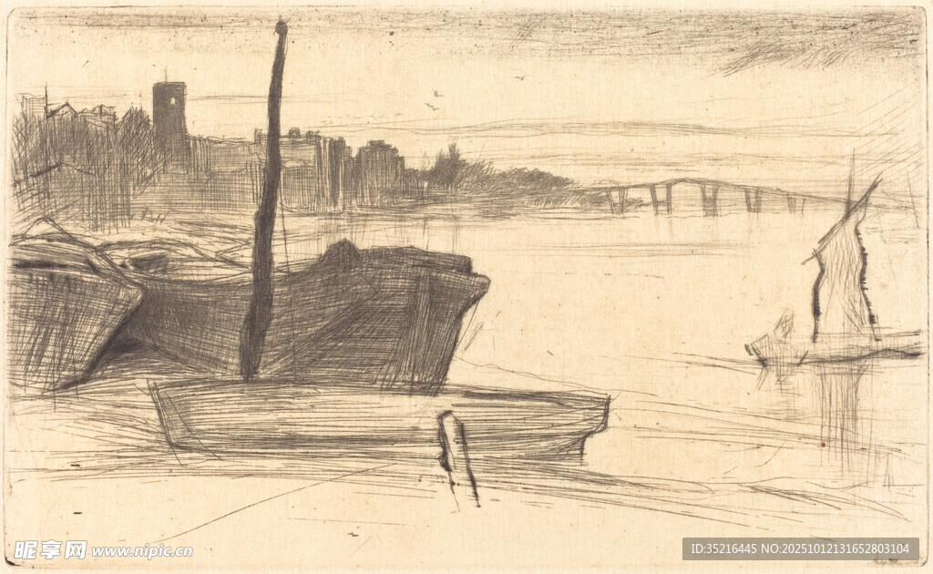 河畔船只風(fēng)景素描圖