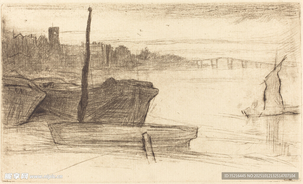 河畔船只風(fēng)景素描圖