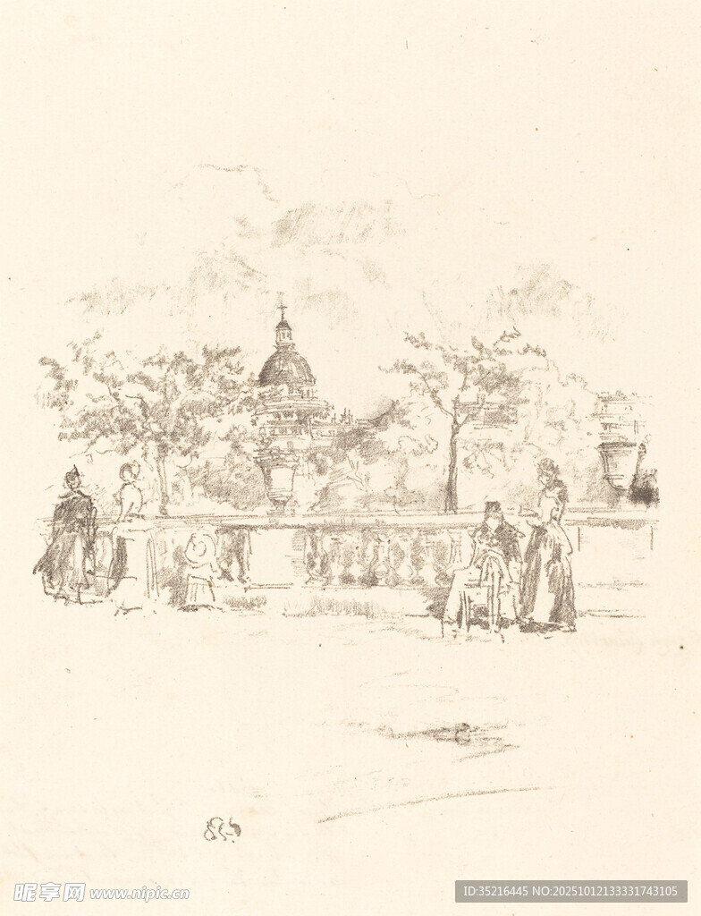 古典園林場景人物素描圖