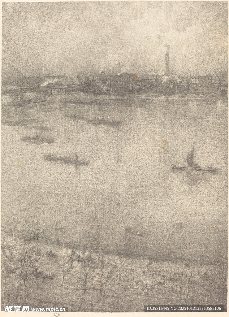 湖畔小船風(fēng)景素描畫