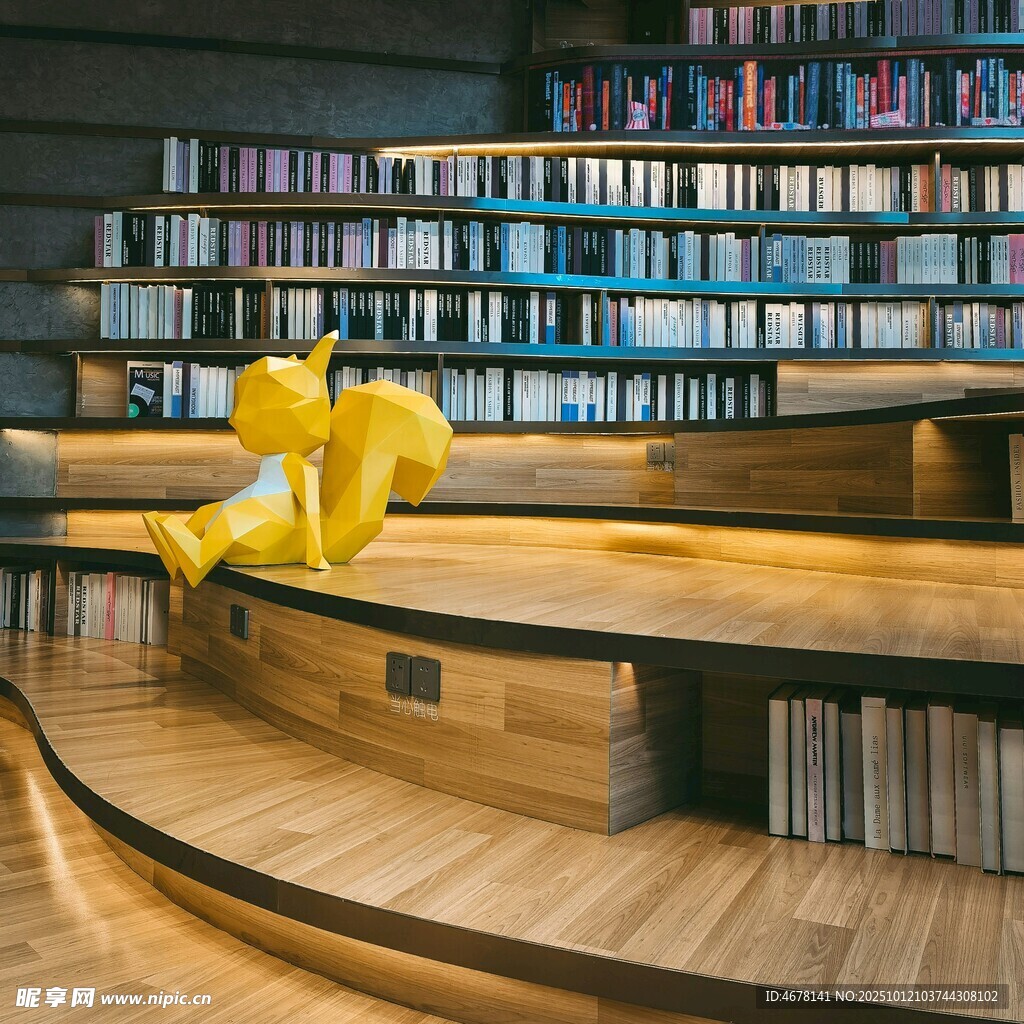 書店內(nèi)的黃色雕塑與書架