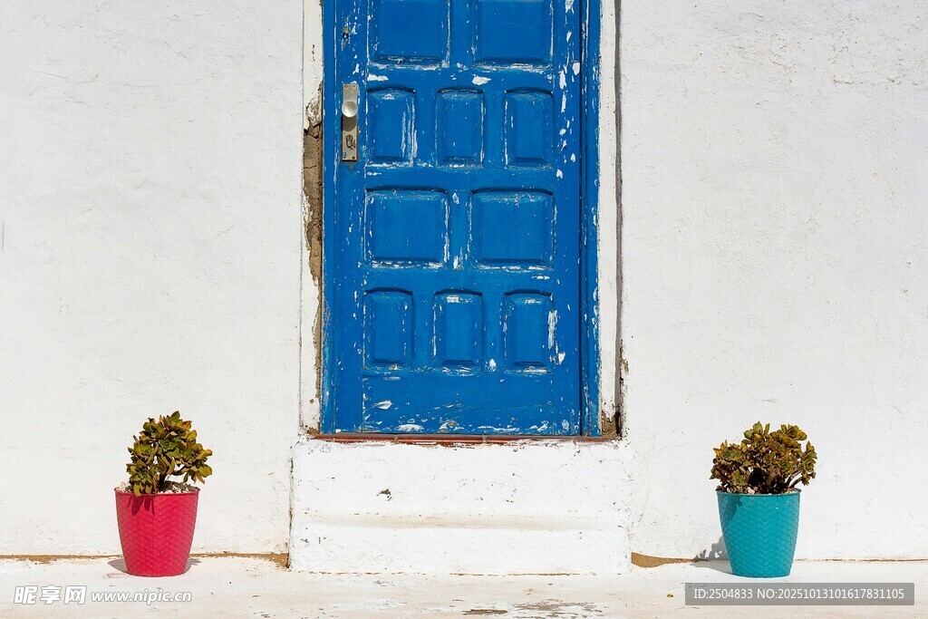 藍(lán)門旁的多彩盆栽