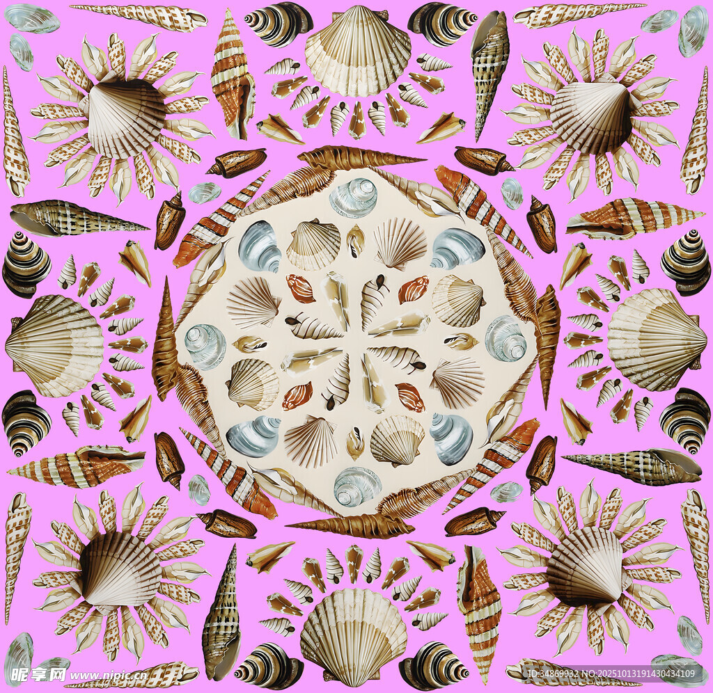 粉色背景的多彩貝殼圖案