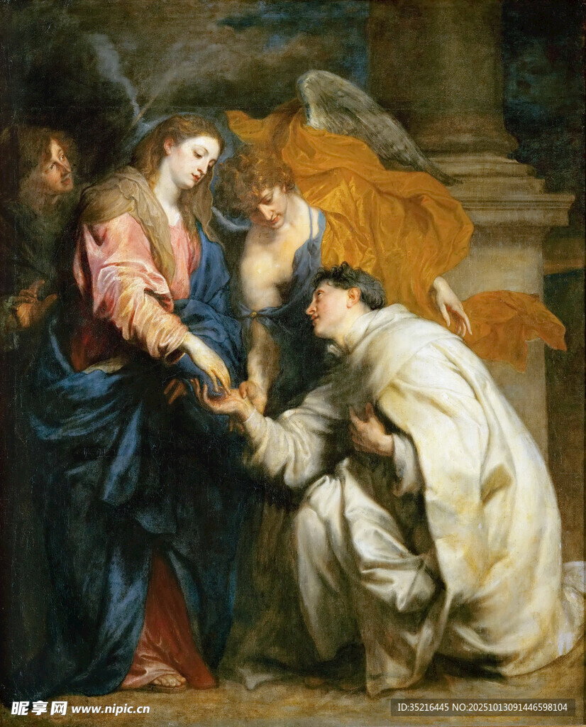 圣母與跪地人物場景畫