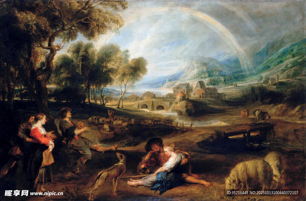 田園風(fēng)景中的人物與彩虹