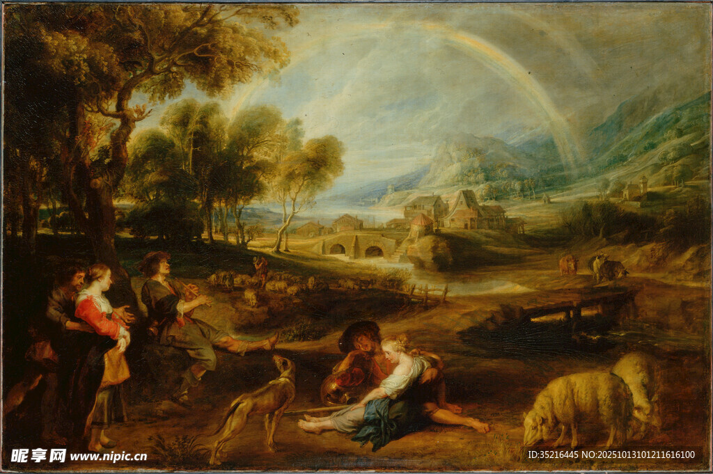 田園風(fēng)景中的人物與彩虹