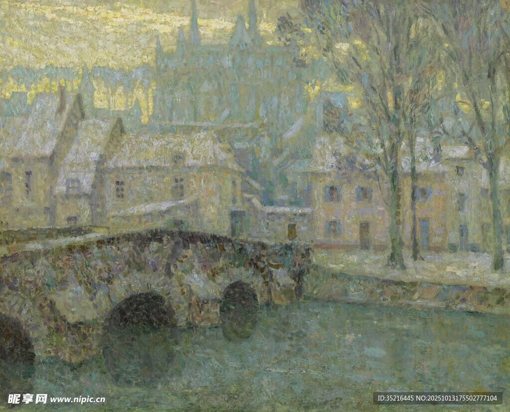 河畔石橋旁的古樸村莊