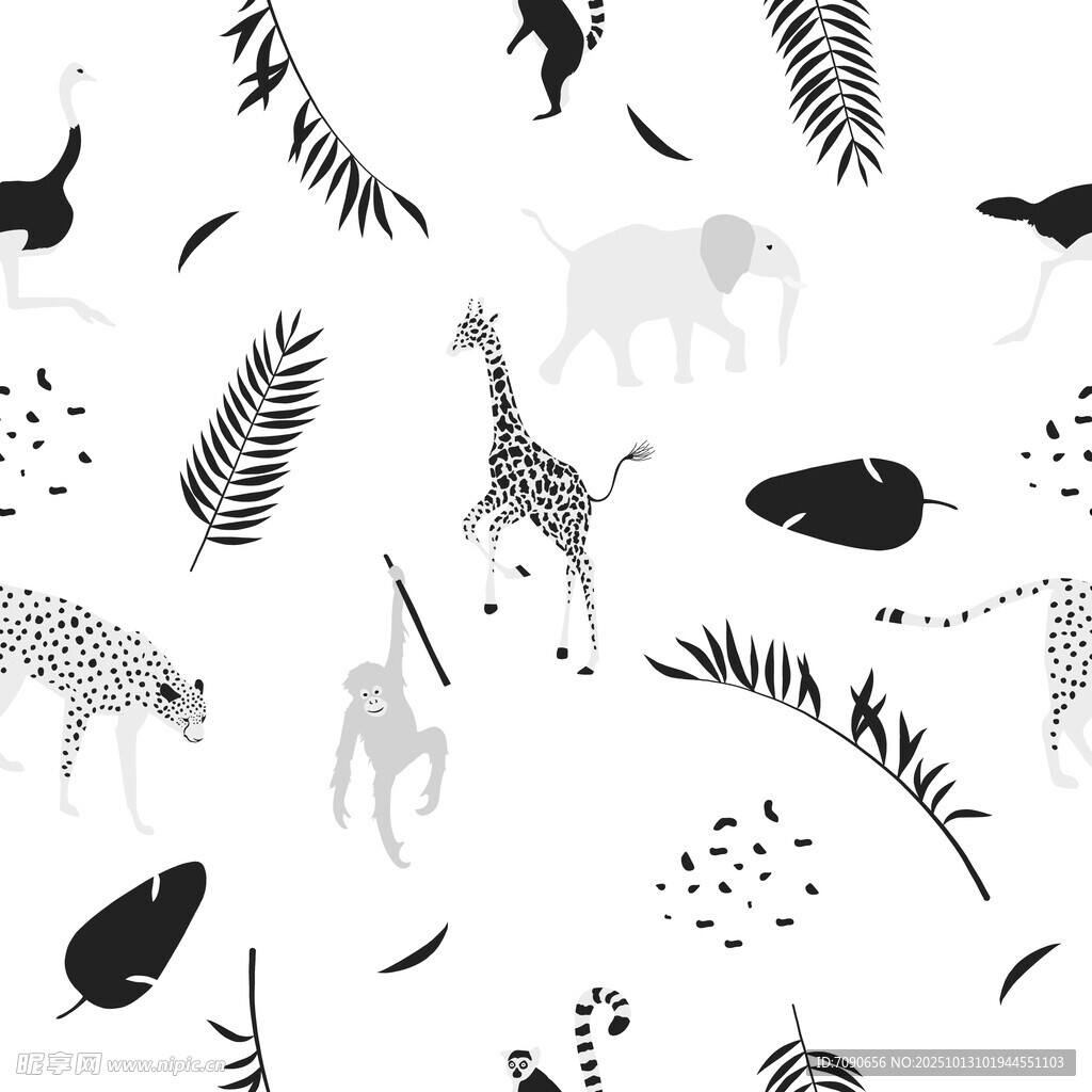 黑白動物植物圖案背景