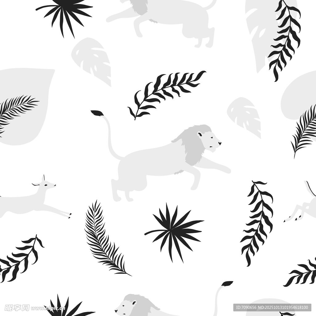 動物植物黑白無縫圖案