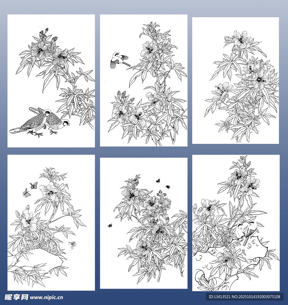 花卉白描圖案 六福