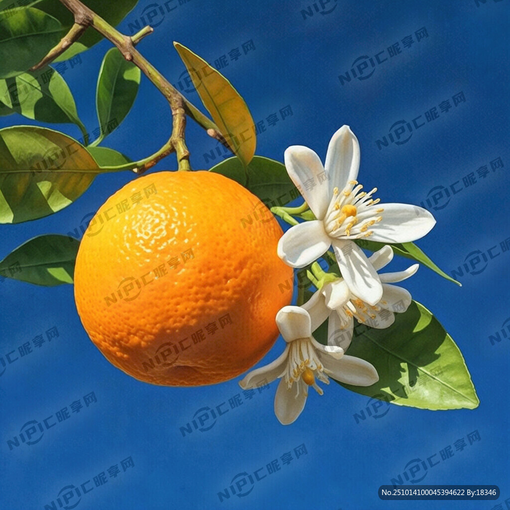 樹(shù)枝的一個(gè)臍橙和一朵白色橙子花