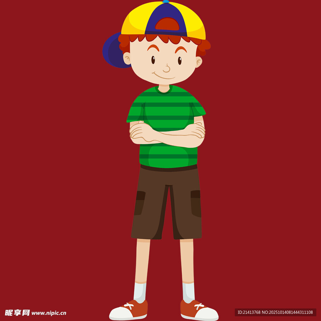 戴帽男孩雙臂交叉站立