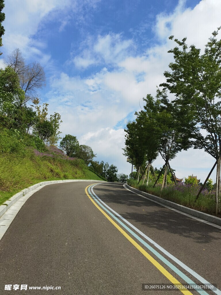 蜿蜒公路旁綠樹藍(lán)天