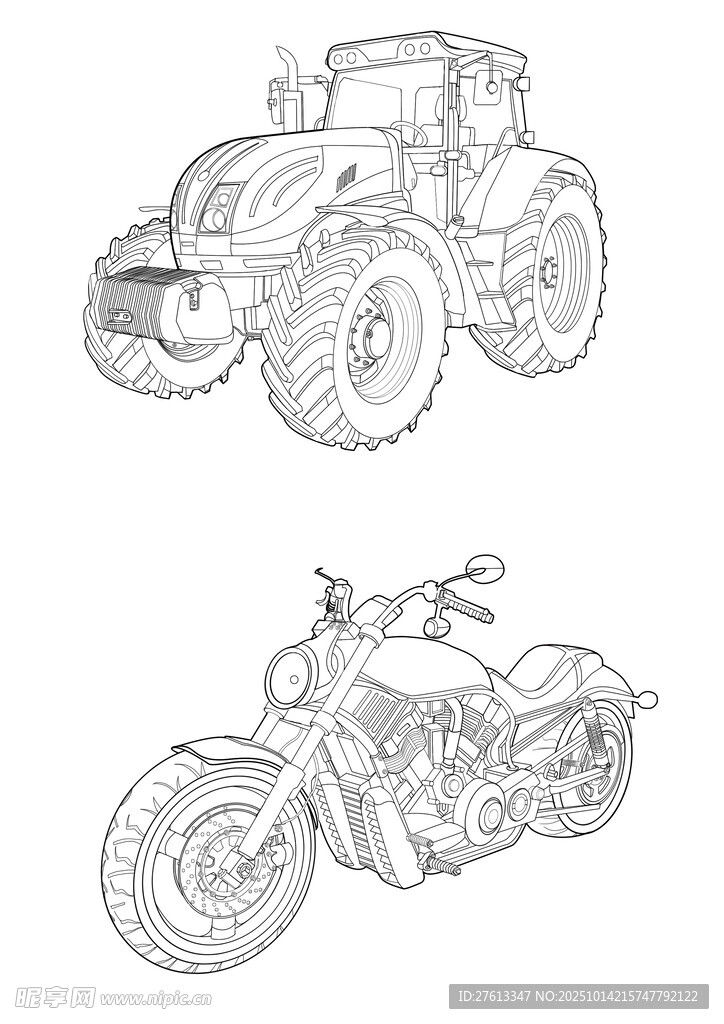 拖拉機(jī)與摩托車手繪線稿圖