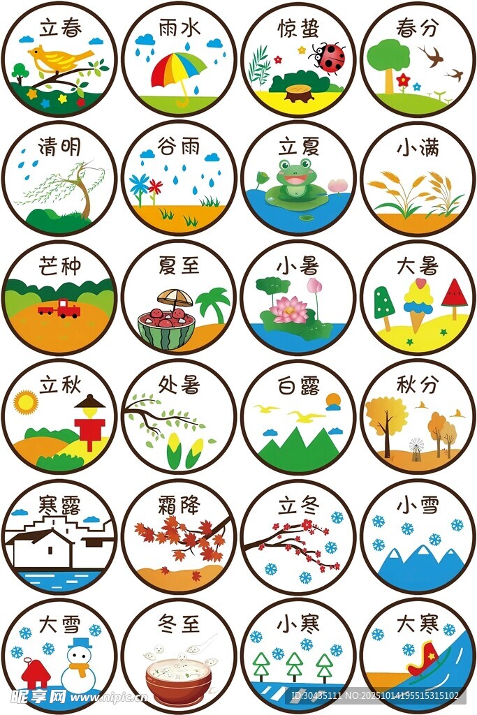 二十四節(jié)氣卡通圓形圖案素材集合