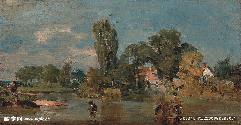 鄉(xiāng)村河畔風(fēng)景油畫