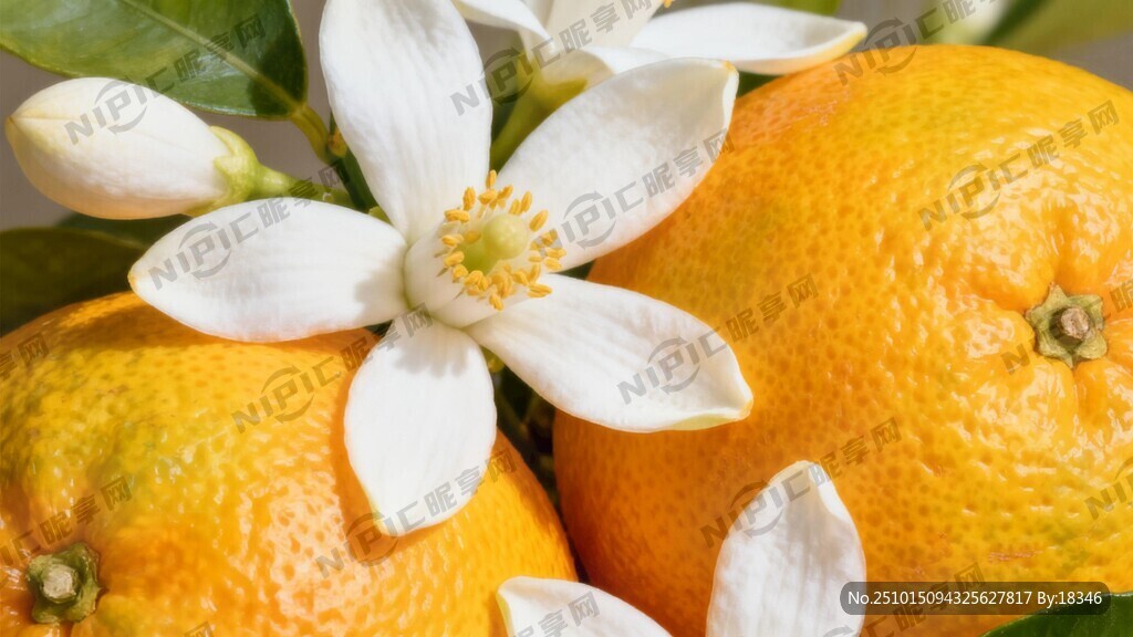 柑橘和白色的橙子花融為一體形成