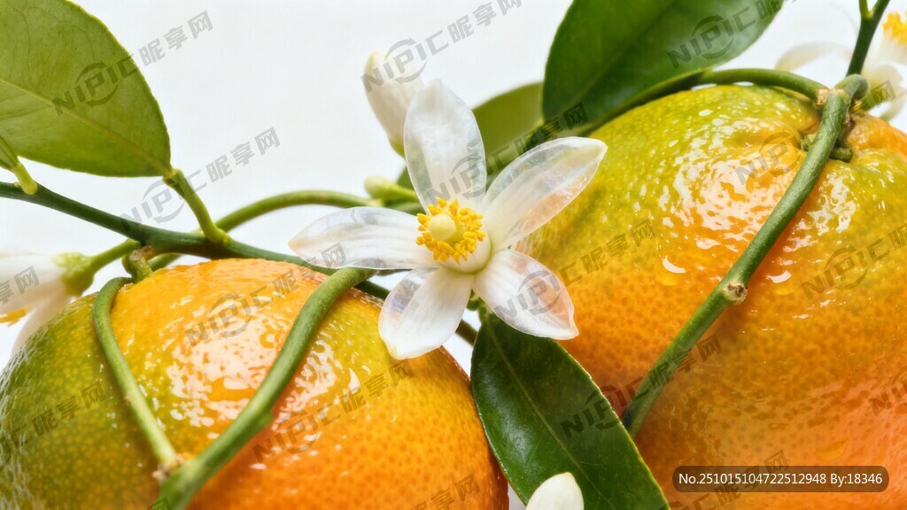 柑橘和綠葉藤白色的橙子花融為一