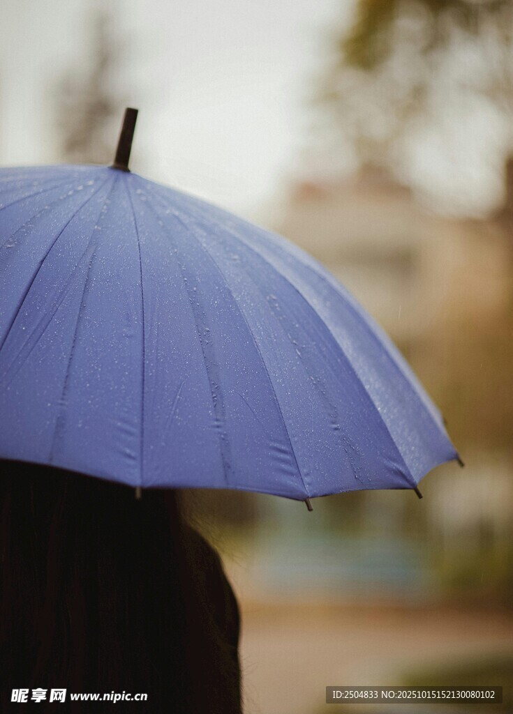 雨中撐藍(lán)傘的模糊身影