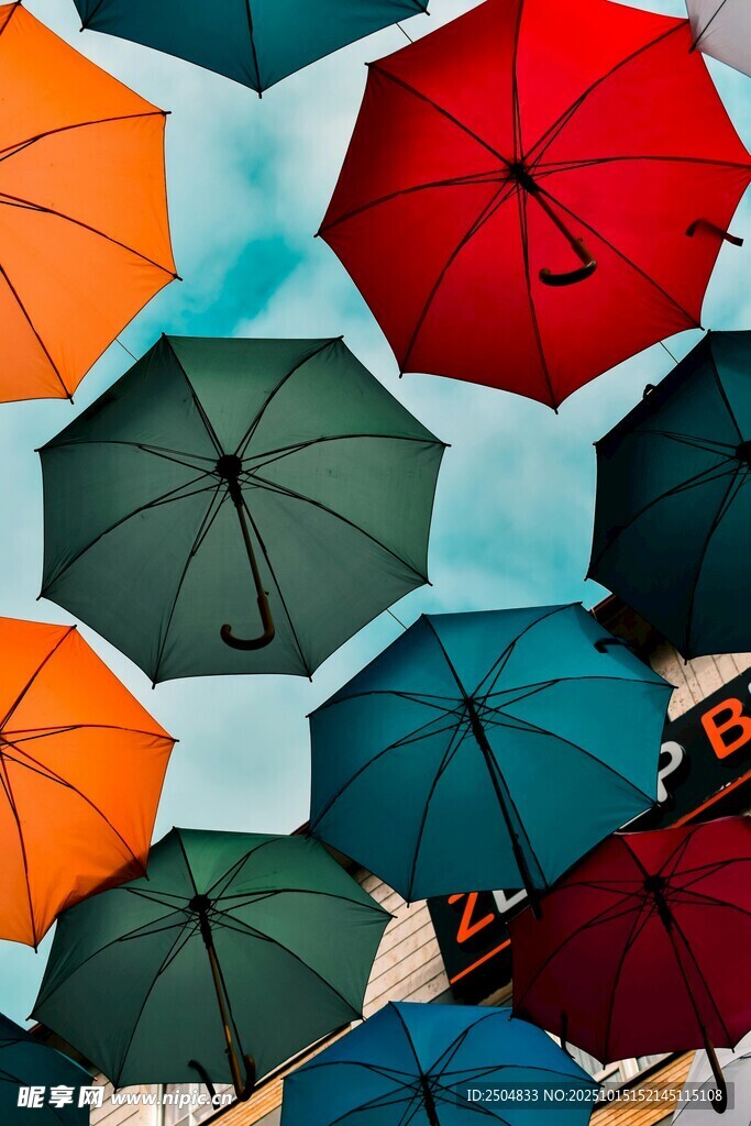 多彩雨傘懸掛空中