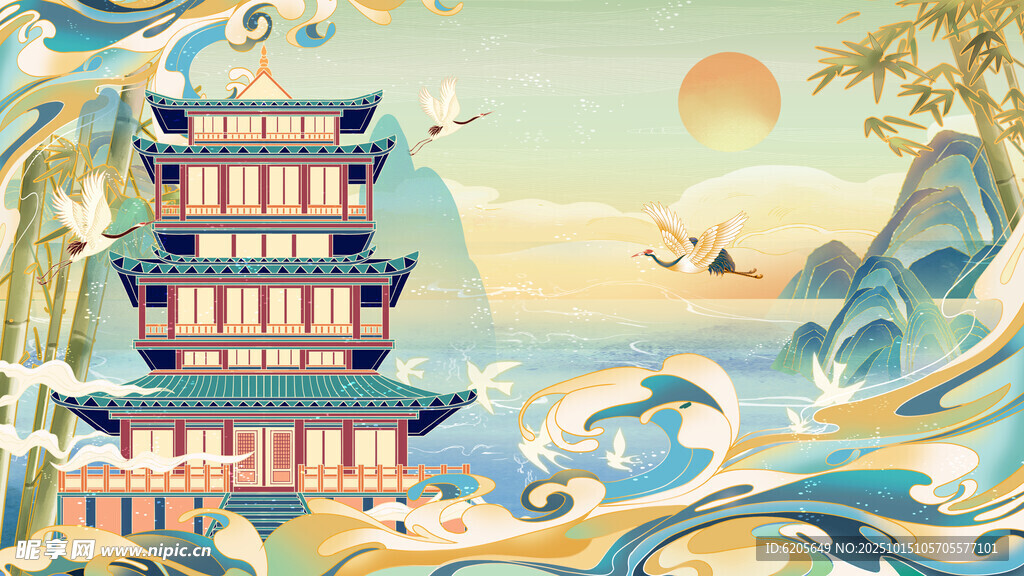 古風(fēng)山水間的壯麗樓閣