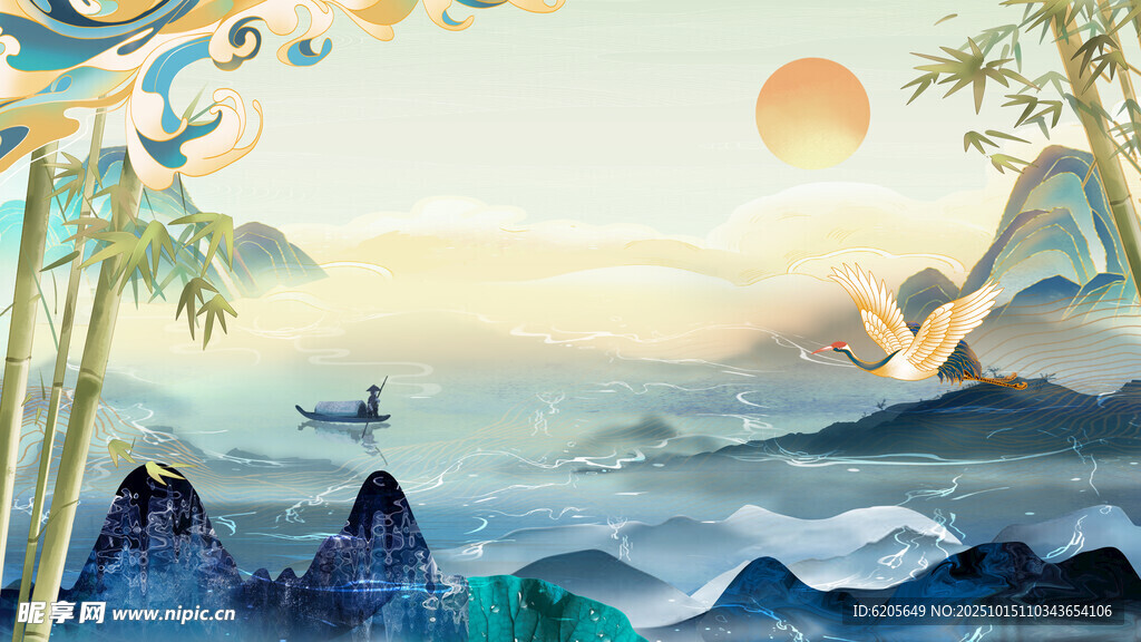 海上日出伴竹景中式畫(huà)卷