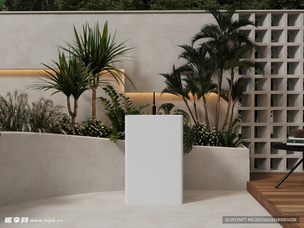 現(xiàn)代戶外綠植環(huán)繞的展示臺