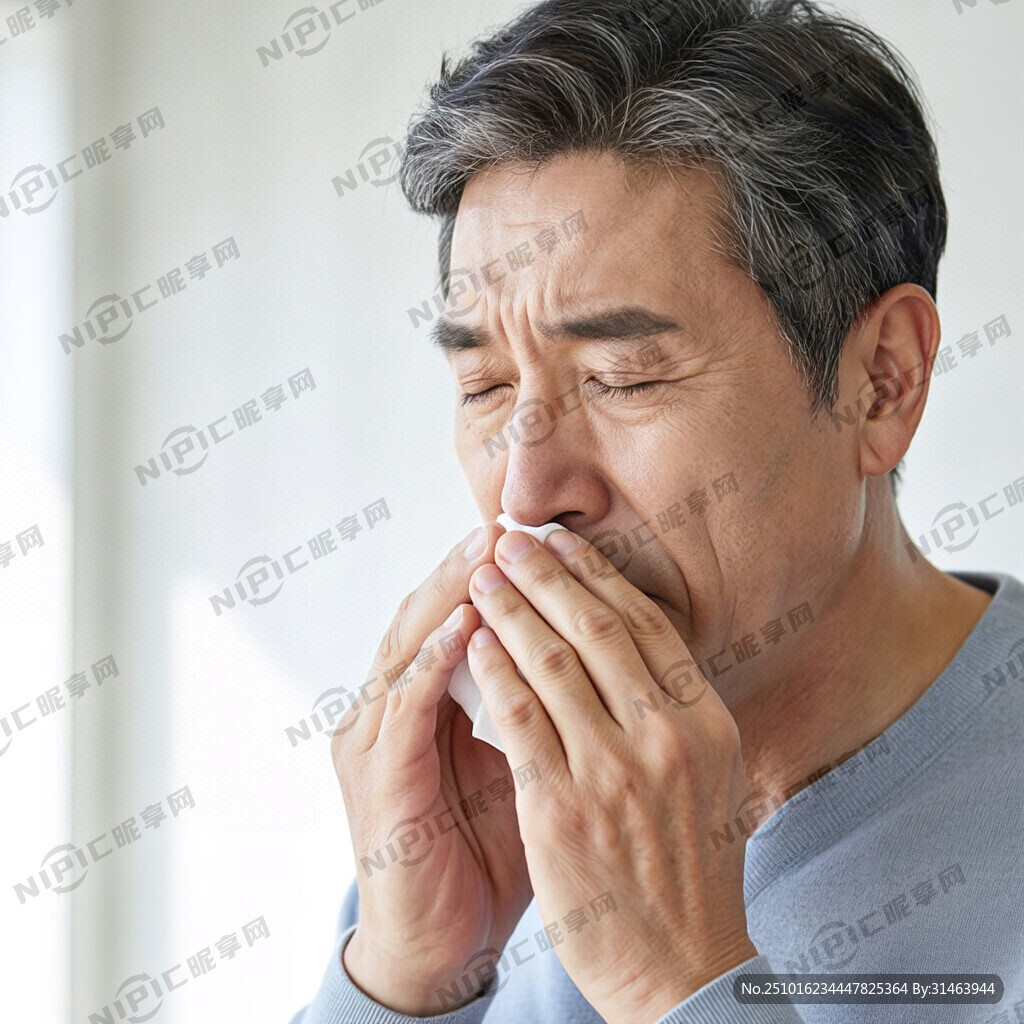 中年男性打噴嚏的插畫