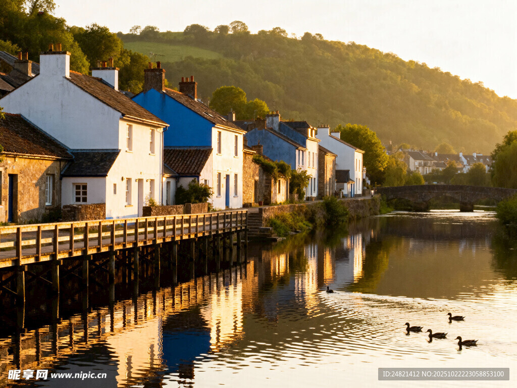 河畔小鎮(zhèn)的寧靜美好風(fēng)光