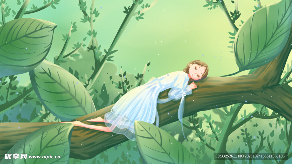 女孩愜意躺于林間樹枝上