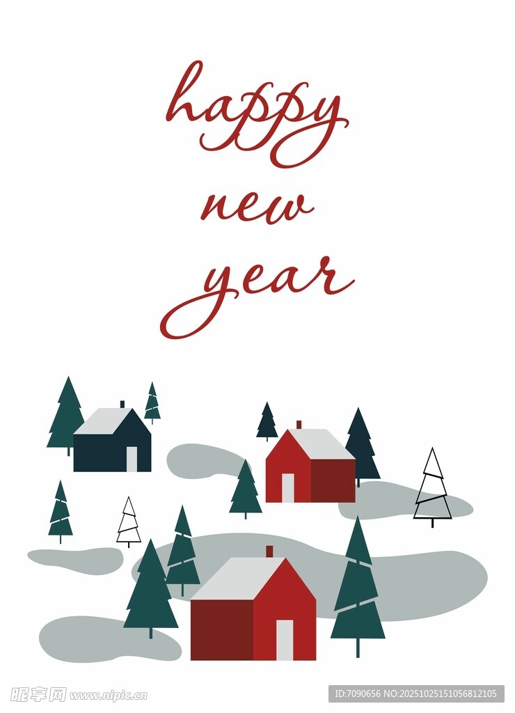 新年鄉(xiāng)村雪景插畫(huà)