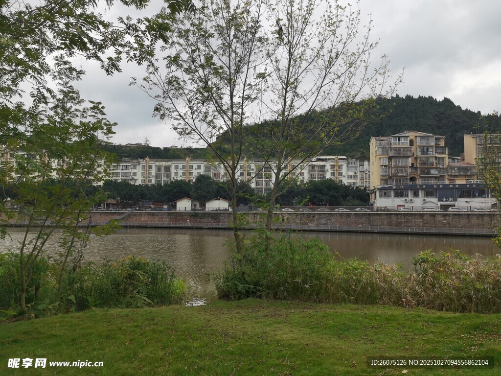 河畔綠植環(huán)繞的城鎮(zhèn)景觀