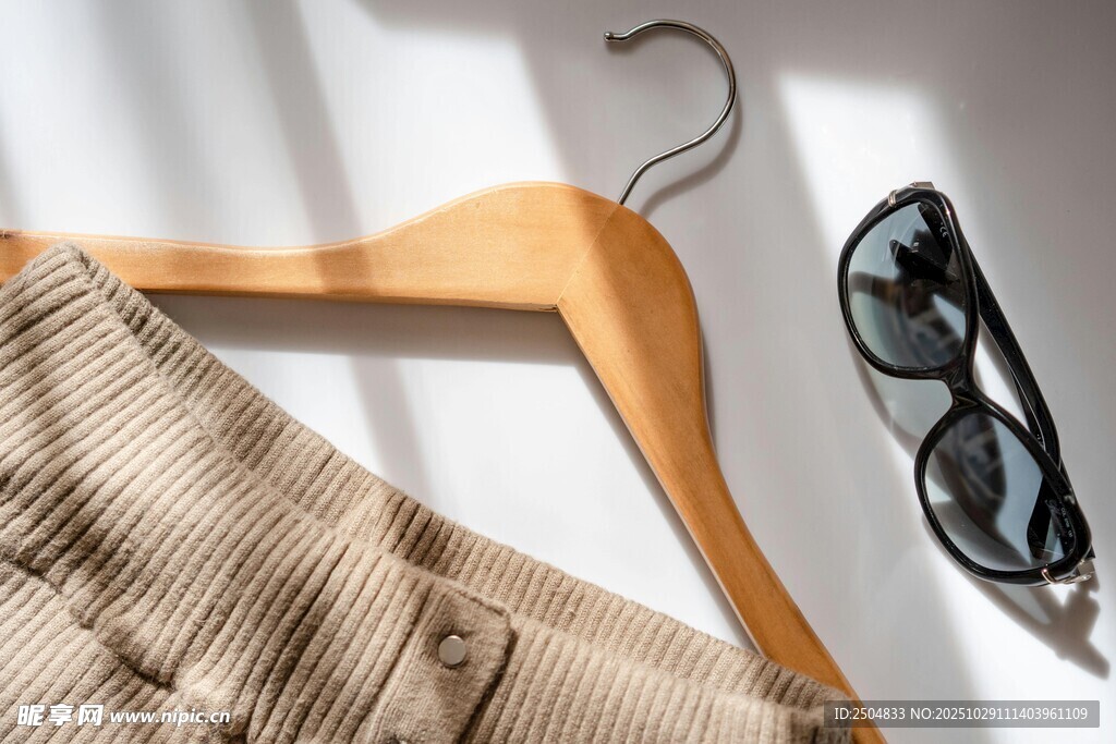 木質(zhì)衣架上的服飾與墨鏡