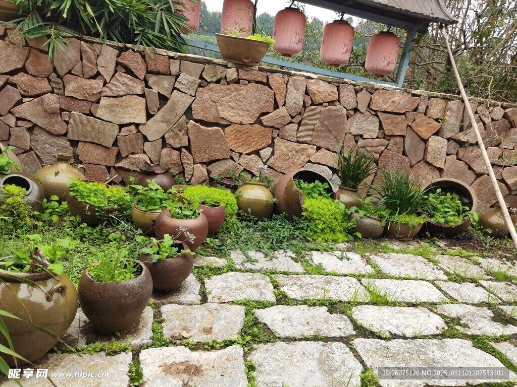 石墻庭院中的古樸陶盆景觀(guān)