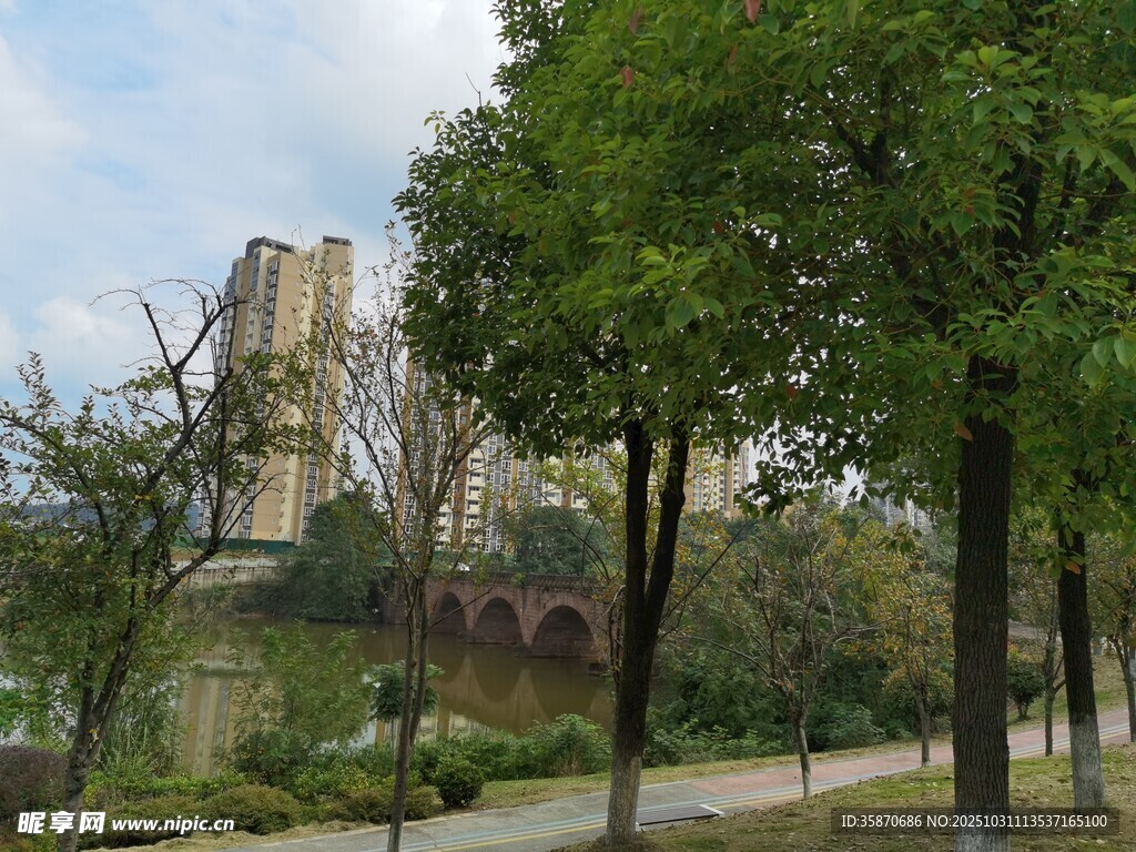 城市公園綠樹環(huán)繞景致