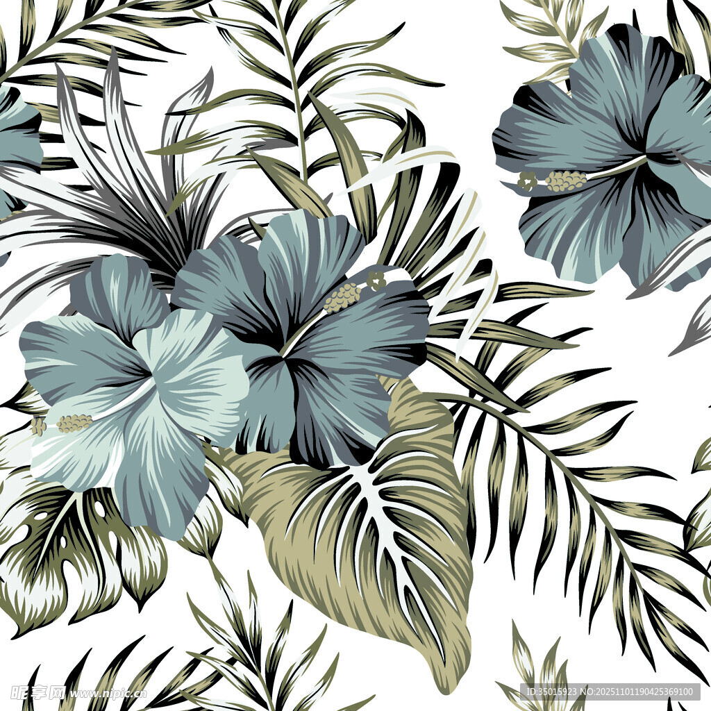 藍(lán)綠色花卉植物圖案