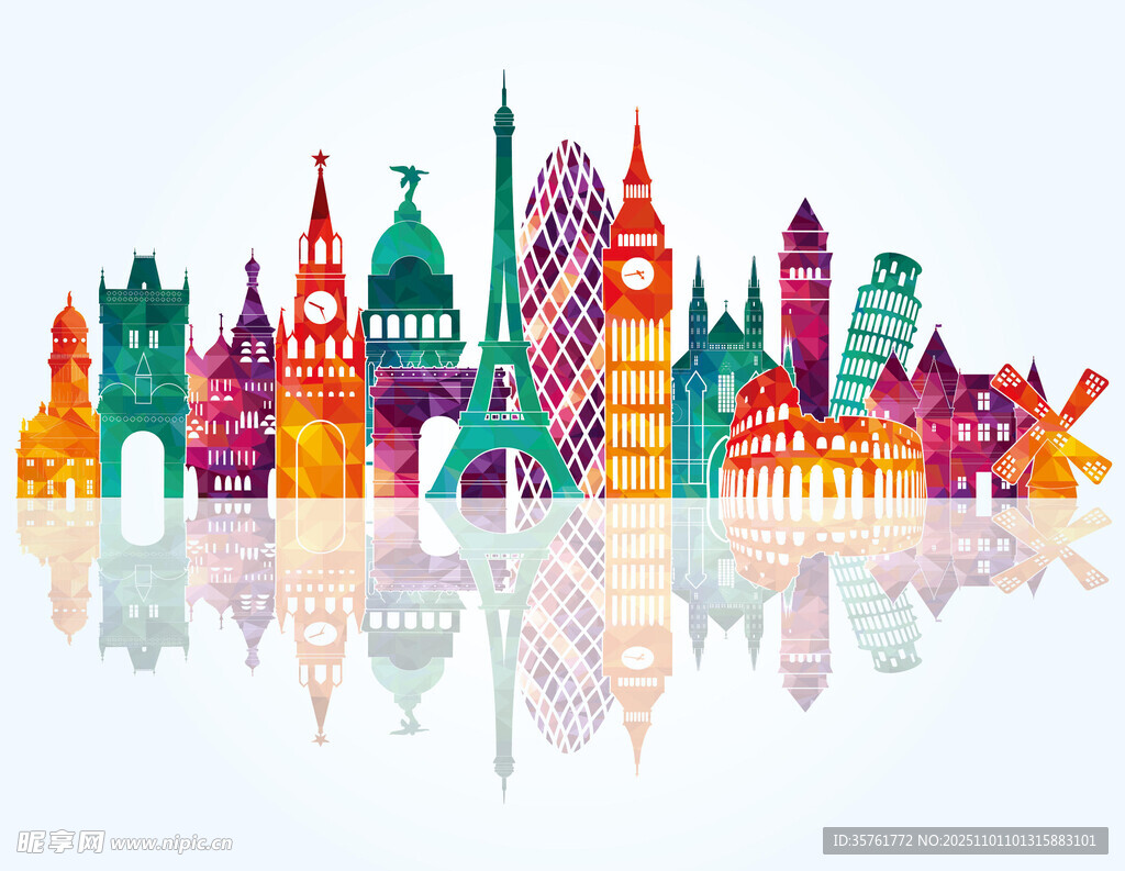 多彩城市天際線建筑剪影