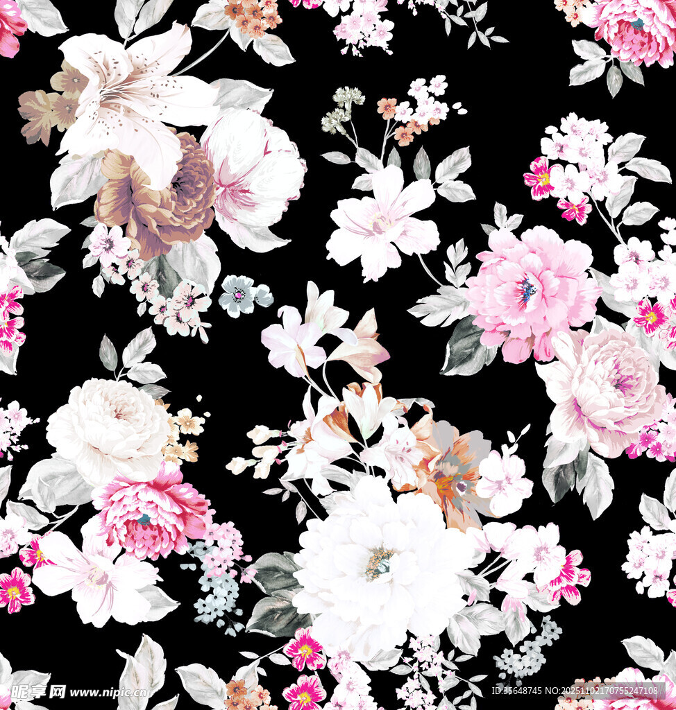 黑色底花卉圖案印花布料