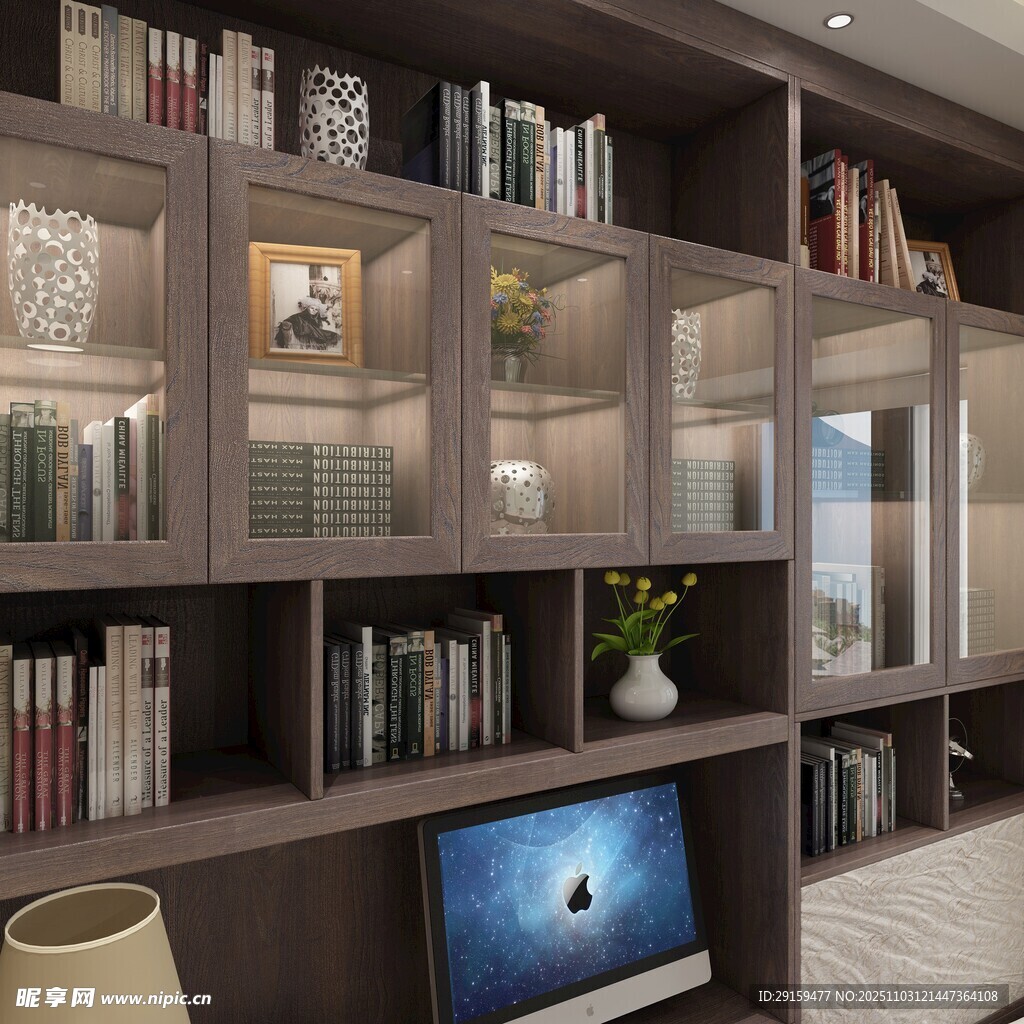 現(xiàn)代風(fēng)格書房書架與電腦