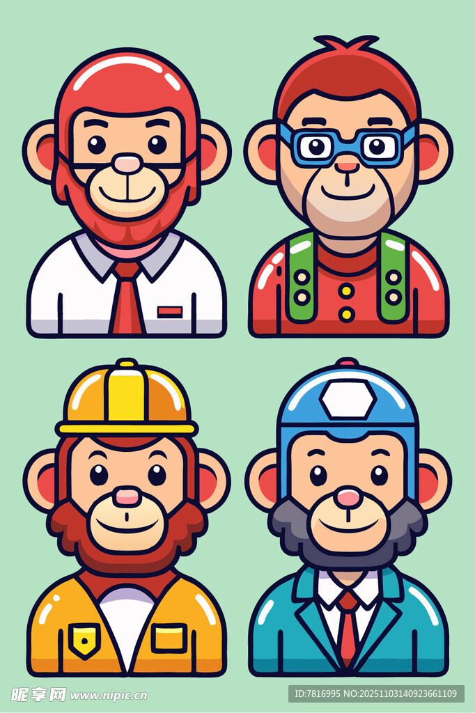 六款不同裝扮的卡通猴子