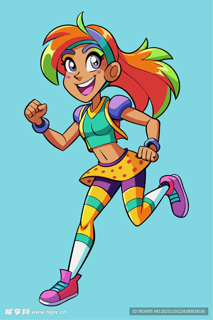 彩色活力女孩快樂奔跑