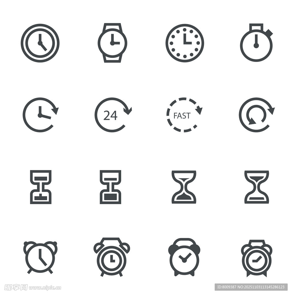多樣時鐘與計時圖標集合