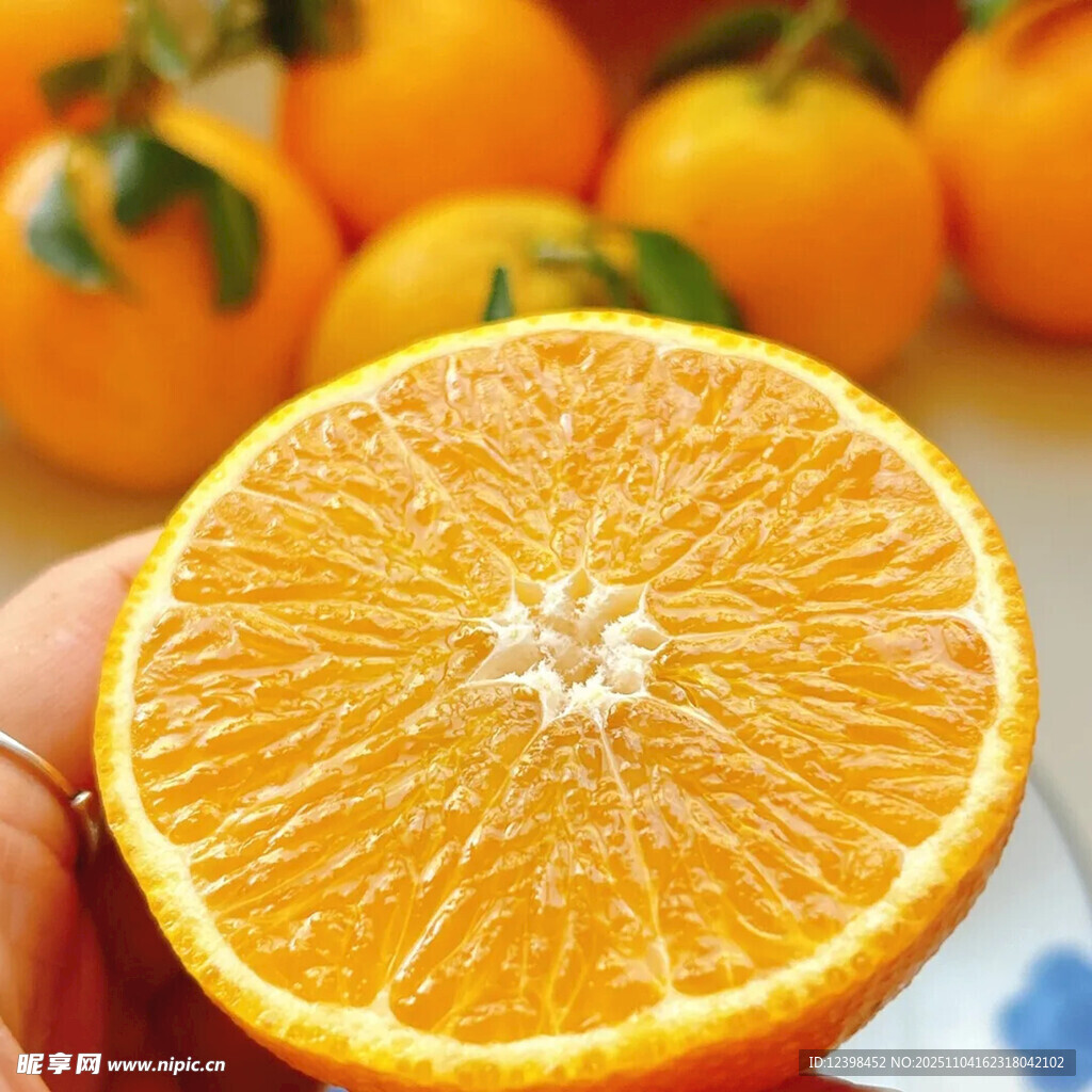 手捧多汁鮮橙切面特寫