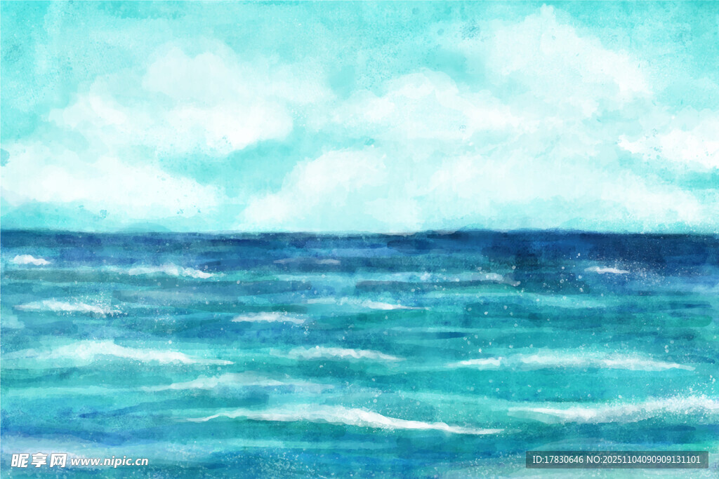 藍(lán)色海洋與天空的水彩畫