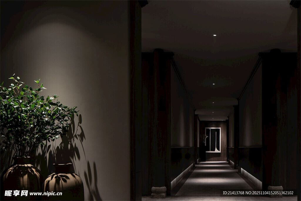 幽暗走廊綠植相伴的靜謐空間