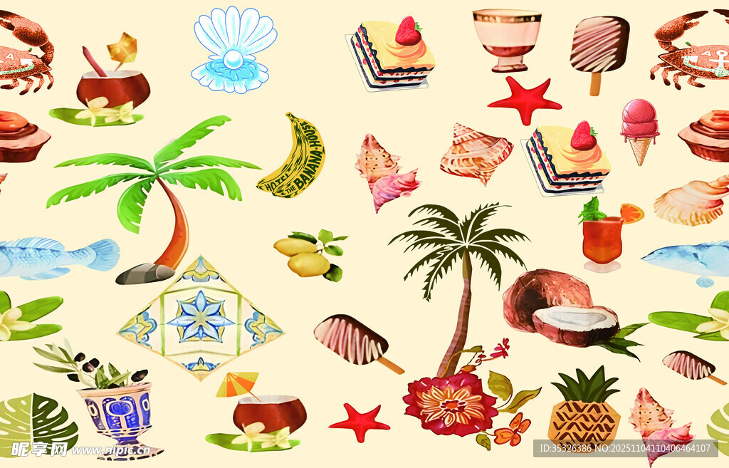 夏日海灘度假元素插畫