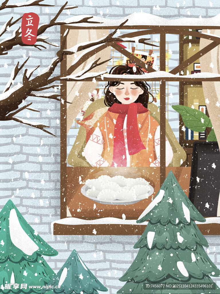 窗邊女孩賞雪景